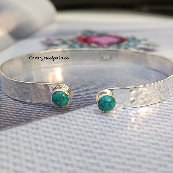 Turquoise Bangle,Solid 925 Sterling Silver Bangle,Handmade Stacking Bangle,Adjustable Open Cuff, Wife Gift Bangle,Hammerd Round Bangle,