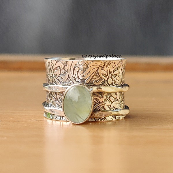 Prehnite Ring, 925 Sterling Silver Ring, Handmade Ring, Spinner Ring,Women Jewelry,Meditation Ring,Gift Item.