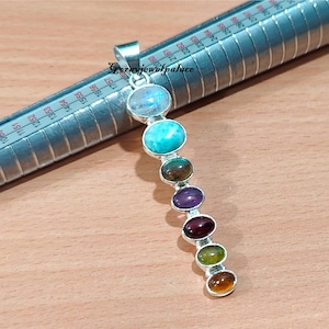 Seven Stone Sterling Silver Pendant: Larimar, Moonstone, Labradorite