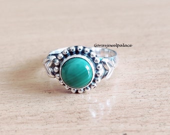 Malachite Ring, 925 Sterling Silver Ring,Natural Stone,Handmade Ring, Boho Ring, Women Ring,Friendship Jewelry, Round Stone Ring.