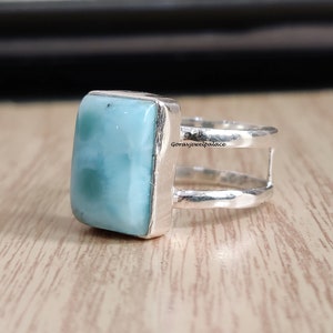 Handmade Larimar Ring: Octagon Stone, 925 Sterling Silver Band