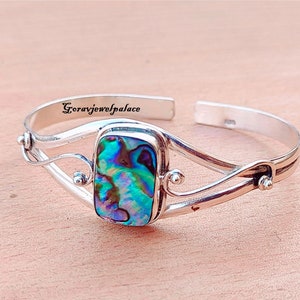 Blue Abalone 925 Silver Bangle: Handmade Adjustable Cuff