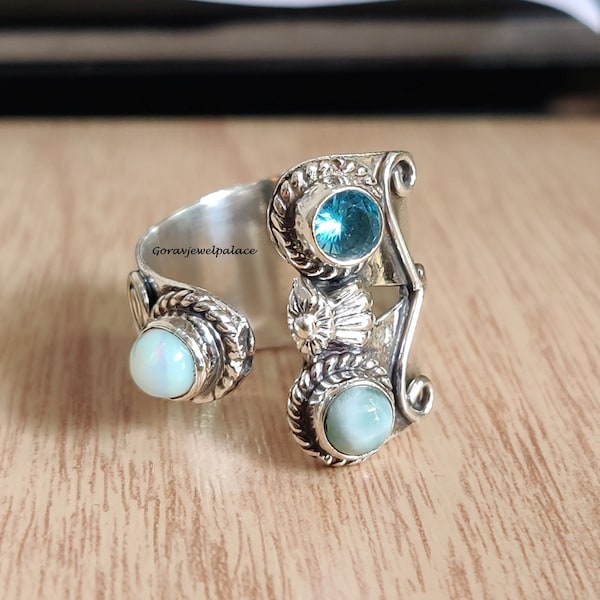 Handmade Larimar Ring: Sterling Silver Adjustable Boho Ring