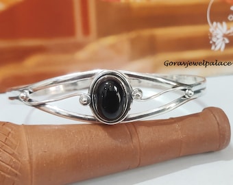 シルバー925 オーバル型 オニキス　バングル オーバル ブラックオニキス 925 シルバー バングル - 調節可能な