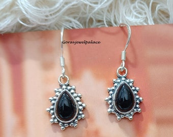 Handgemachte Birne Schwarz Onyx 925 Sterling Silber Ohrringe