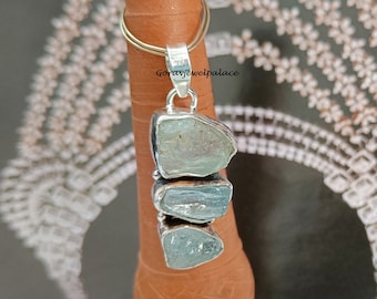 Raw Aquamarine Sterling Silver Pendant: Handmade Three Stone Necklace