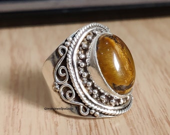 Handmade Tiger&#39;s Eye 925 Sterling Silver Band Ring: Boho Designer Ring