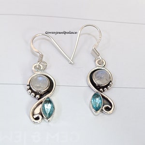 Moonstone Earring,925 Silver Earring,Blue Topaz Earring, Dangle Earring,Two Stone Earring,Women Earring,Handmade Earring,Topaz Gift Jewelry