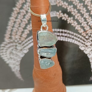Raw Aquamarine Sterling Silver Pendant: Handmade Three Stone Necklace