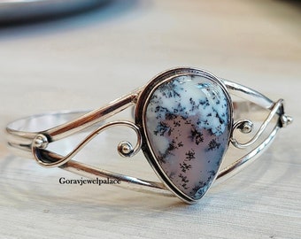 Bracelet Manchette (cuff) En Argent 925 Serti D'une Opale Dendrite Naturelle - Fait Main En Inde