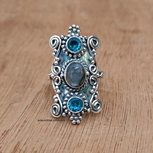 Blue Topaz Ring, 925 Sterling Silver Ring, Handmade Ring, Band Ring,Women Ring,Three Stone Ring,Designer Ring, Gift Jewelry Labradorite Ring