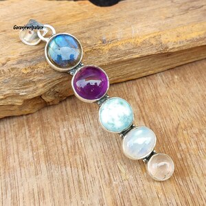 Handmade Sterling Silver 5 Stone Pendant: Labradorite, Larimar & Amethyst