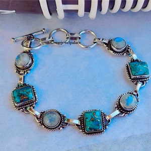Moonstone & Copper Turquoise Bracelet: Handmade 925 Silver Jewelry