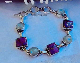 Bracelet violet cuivre turquoise et pierre de lune, bracelet en argent 925, bracelet femme, dernier bracelet, bracelet de créateur, bracelet cadeau fait main