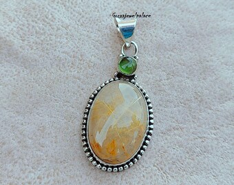 Golden Rutile & Peridot Pendant: Handmade 925 Silver Jewelry