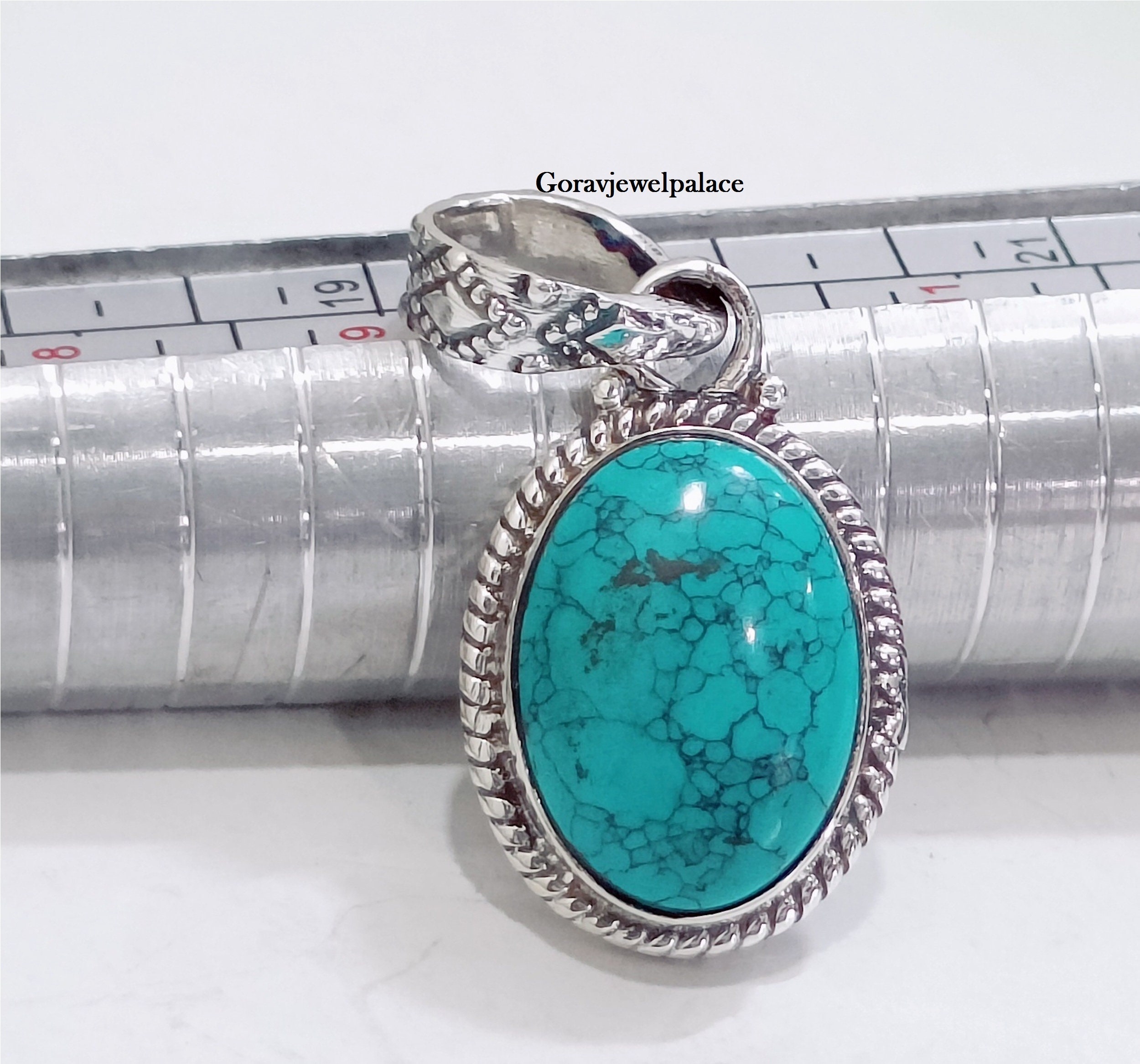 Pendentif Turquoise Argent 925 – Pierre Naturelle Verte – Fait Main En Inde – Neuf