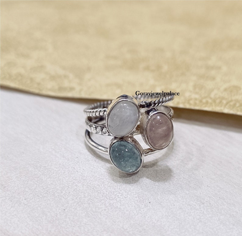 Moonstone & Aquamarine Ring, 925 Sterling Silver Ring, Three Band Handmade Ring, Oval Gemstone Ring, Women Jewelry, Rose quartz ring image 1