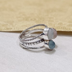 Moonstone & Aquamarine Ring, 925 Sterling Silver Ring, Three Band Handmade Ring, Oval Gemstone Ring, Women Jewelry, Rose quartz ring image 2