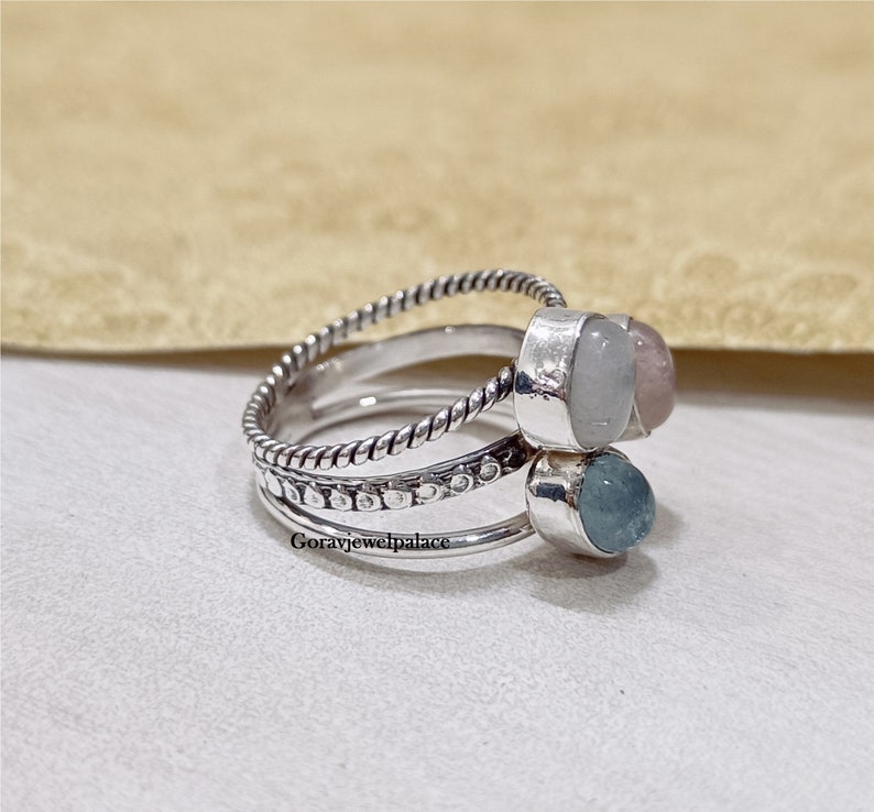 Moonstone & Aquamarine Ring, 925 Sterling Silver Ring, Three Band Handmade Ring, Oval Gemstone Ring, Women Jewelry, Rose quartz ring image 2