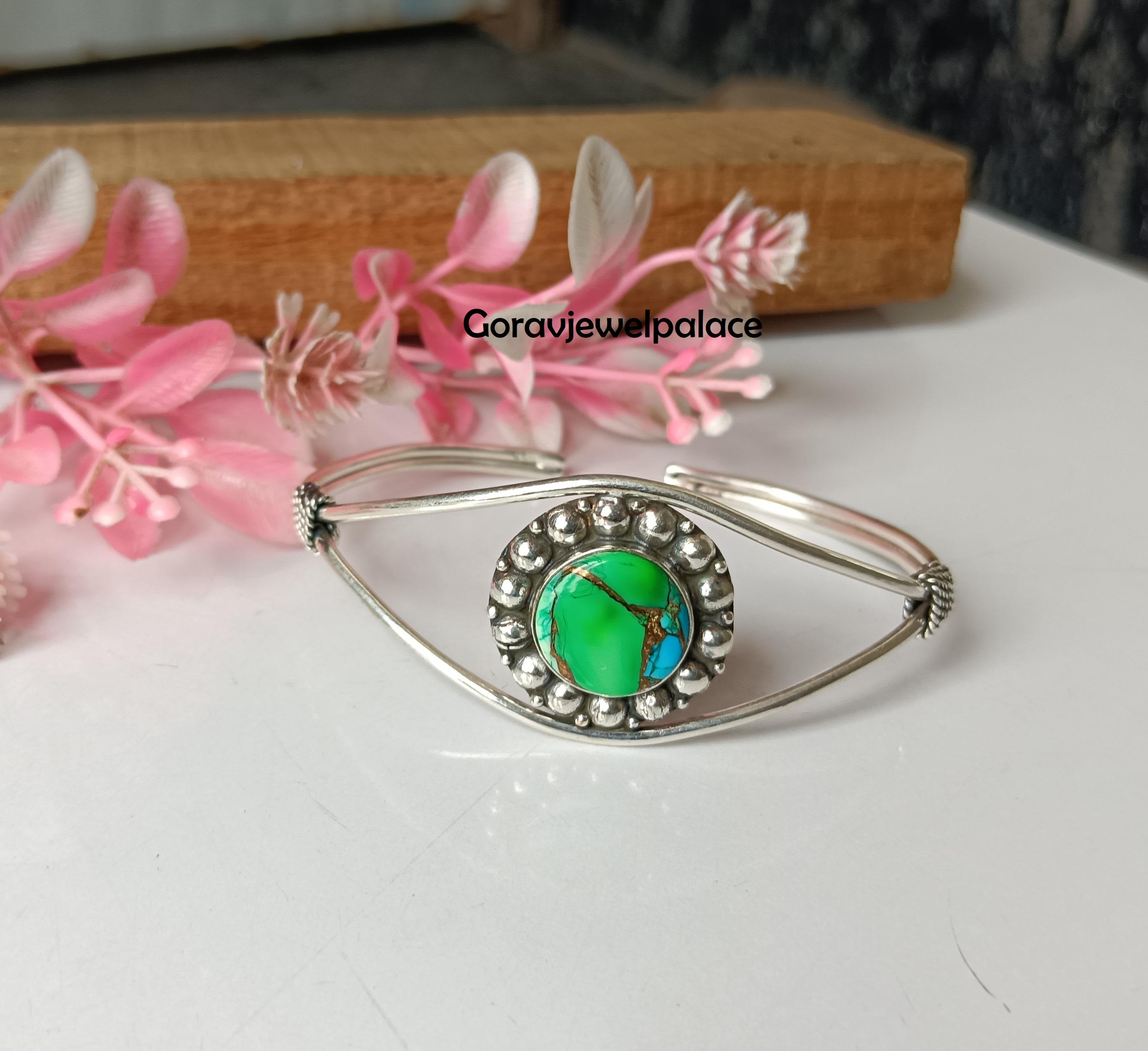 Green Dahlia Turquoise Bangle: Handmade 925 Sterling Silver Cuff