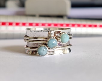 Handmade Larimar Sterling Silver Spinner Ring: Boho Style