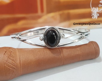 シルバー925 オーバル型 オニキス　バングル オーバル ブラックオニキス 925 シルバー バングル - 調節可能な