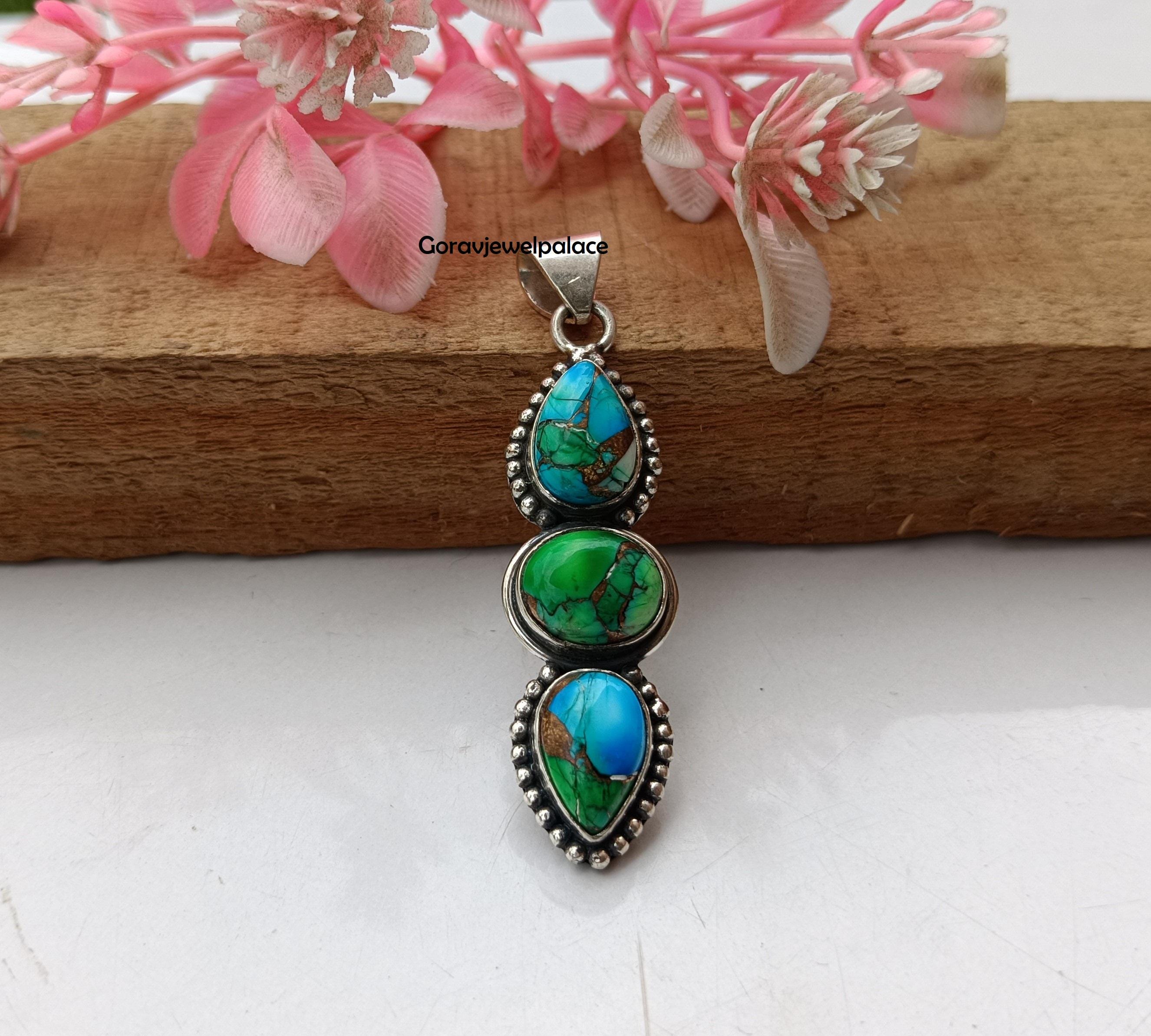 Handmade Dahlia Turquoise S925 Sterling Silver Pendant - Three