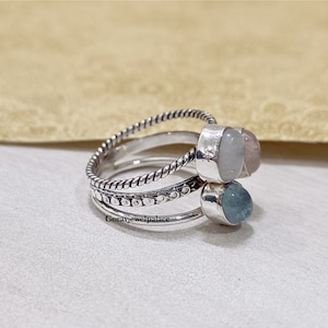 Moonstone & Aquamarine Ring, 925 Sterling Silver Ring, Three Band Handmade Ring, Oval Gemstone Ring, Women Jewelry, Rose quartz ring image 10