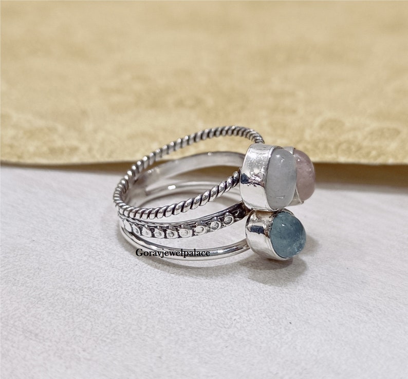 Moonstone & Aquamarine Ring, 925 Sterling Silver Ring, Three Band Handmade Ring, Oval Gemstone Ring, Women Jewelry, Rose quartz ring image 10