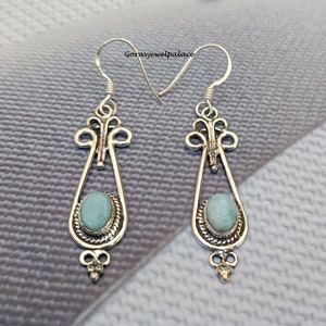 Handmade Larimar Dangle Earrings: 925 Sterling Silver Boho Jewelry