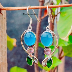 Blue Chalcedony Earring, Handmade With 925 Silver Earring, Emerald And Rose Quartz Earring, Unique Design Earring, Dangle & Drop Earring