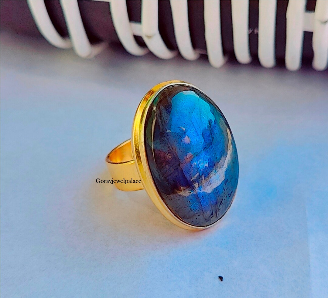 Bague En Argent Massif 925 Avec Labradorite Bleue De Madagascar - 18 Carats - Taille Réglable 52-56 - Neuf