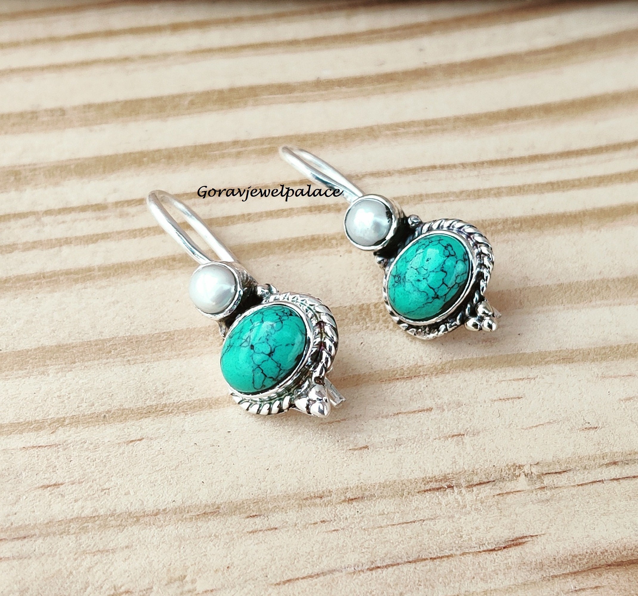 Turquoise Earring/Pearl Earring/Boho Earring/Dangle & Drop Earrings/925 Silver Jewelry/Handmade Earring/Pearl Jewelry/Two Stone Earring.