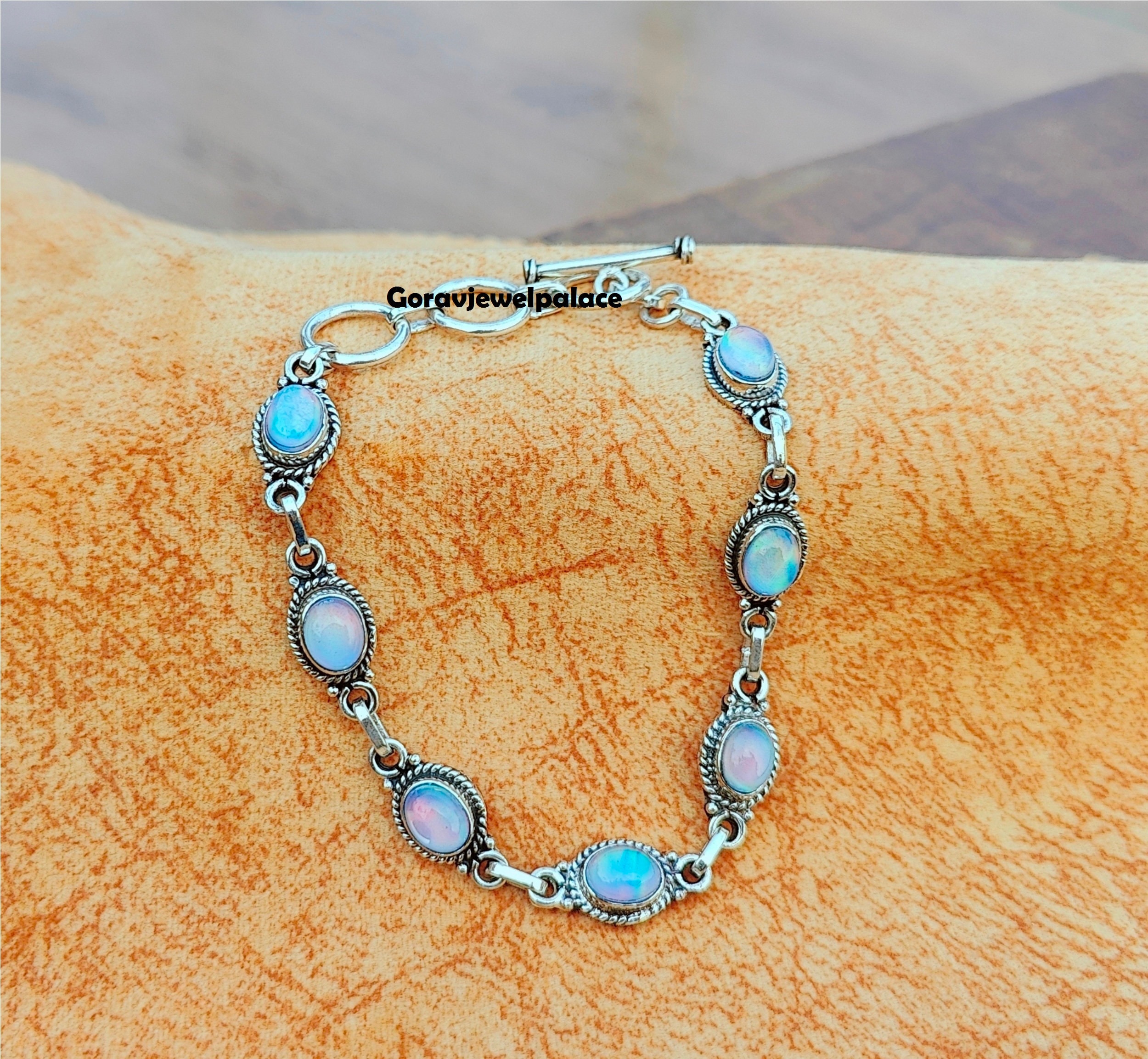 オパールストーン シルバー925 ブレスレット Handmade Aurora Opal Bracelet: 925 Sterling Silver Seven Stone