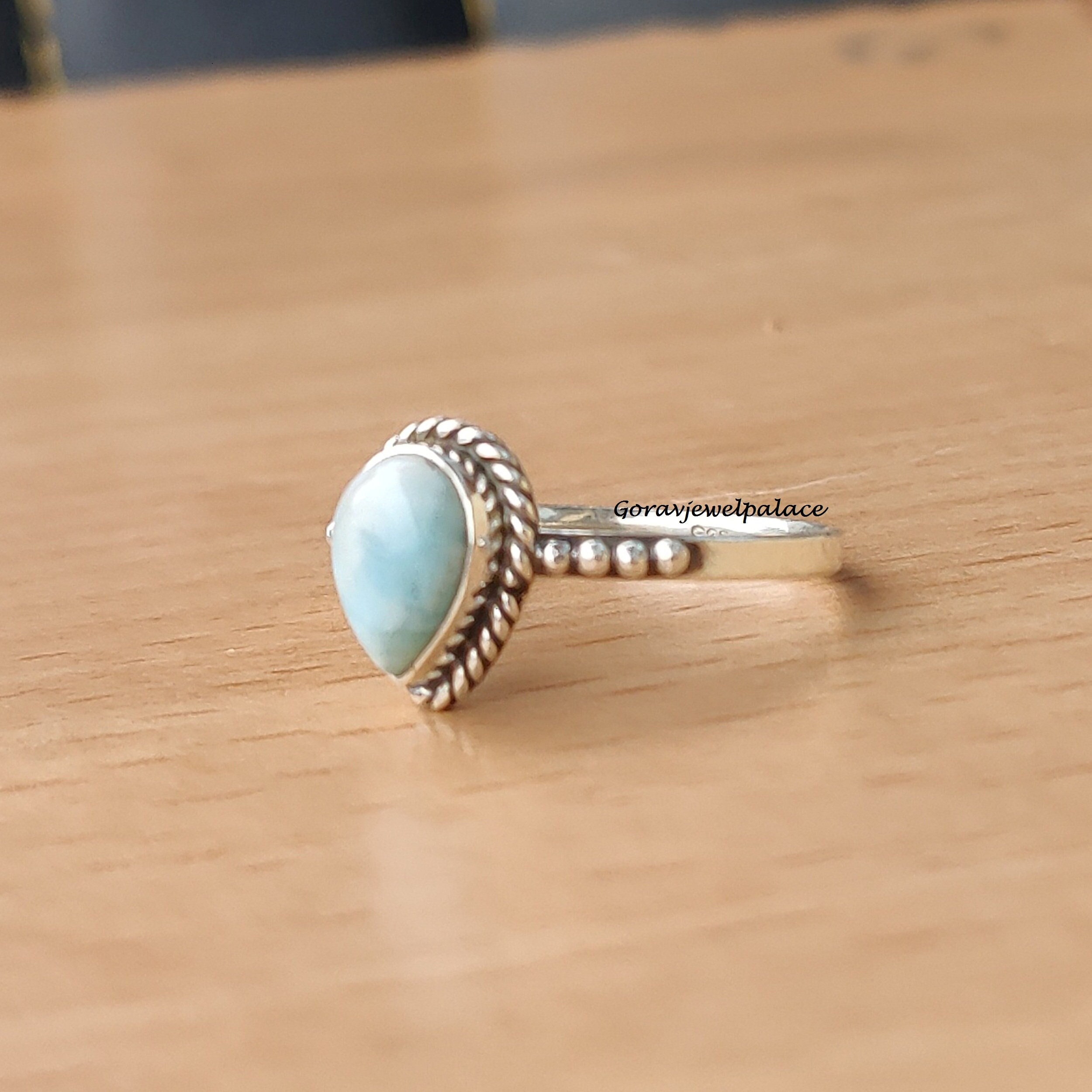 Larimar Ring, 925 Sterling Silver Ring, Handmade Ring, Silver Simple Ring,Mini Ring,Lovely Ring, Pear Shape Ring,Women Jewelry, Gift For Her