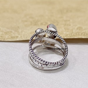 Moonstone & Aquamarine Ring, 925 Sterling Silver Ring, Three Band Handmade Ring, Oval Gemstone Ring, Women Jewelry, Rose quartz ring image 3