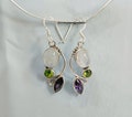 Handmade Sterling Silver Dangle Earrings: Moonstone, Peridot & Amethyst