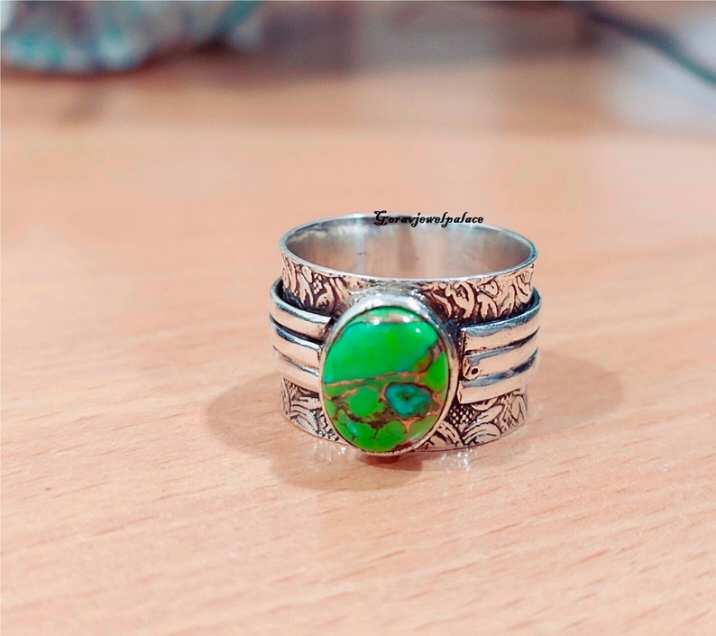 Prehniet ring, 925 sterling zilveren ring, handgemaakte ring, bandring, vrouwen sieraden, ovale stenen ring, cadeau sieraden, Boho ring, prehniet sieraden. Green Turquoise