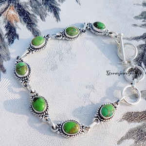 Green Copper Turquoise Bracelet, 925 Silver Bracelet, Women Bracelet, Latest Bracelet, Designer Bracelet, Handmade Bracelet, Seven Gemstone