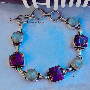 Paars koper Turquoise & Moonstone armband, 925 zilveren armband, damesarmband, nieuwste armband, designer armband, handgemaakte cadeauarmband afbeelding 9