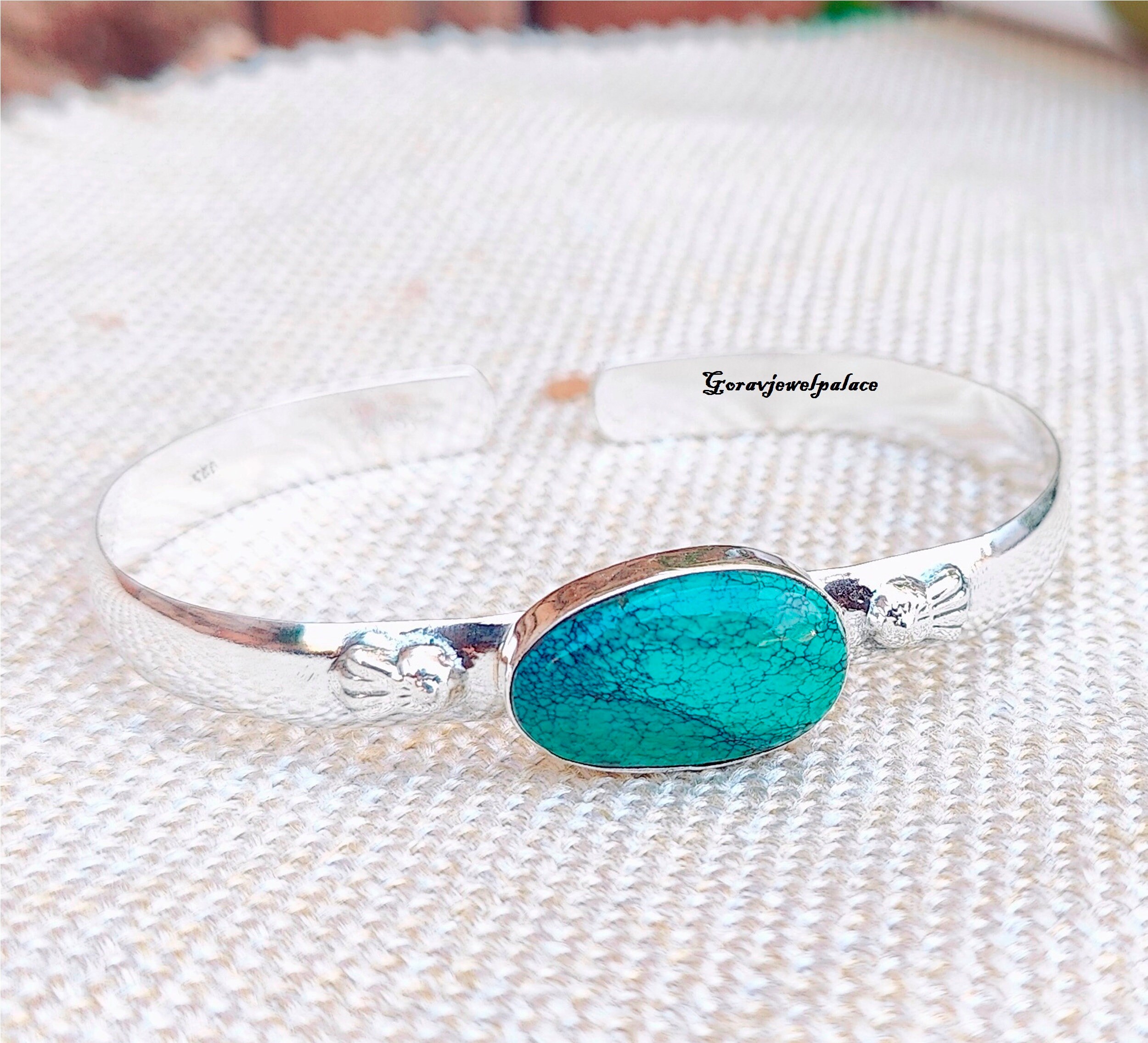 ハンドメイド925シルバーターコイズバングル：調節可能なオープンカフ