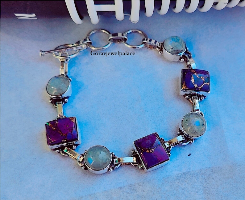 Paars koper Turquoise & Moonstone armband, 925 zilveren armband, damesarmband, nieuwste armband, designer armband, handgemaakte cadeauarmband afbeelding 6
