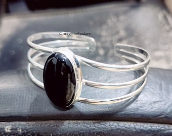 Handgemaakte ovale zwarte onyx-armband: 925 zilveren driebandmanchet