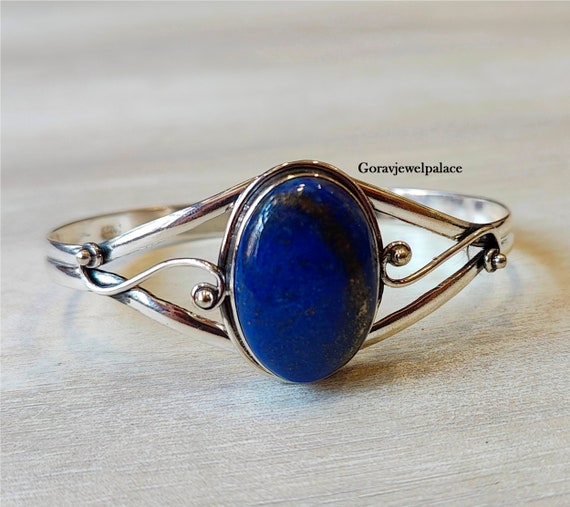 Blue Lapis Lazuli 925 Silver Bangle: Adjustable Cuff Bracelet 