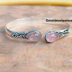 Rose Quartz Bangle, 925 Silver Bangle, Designer Bangle, Adjustable Open Cuff Bracelet, Ladies Bangle, Birthday Gift Jewelry, Pink Jewelry