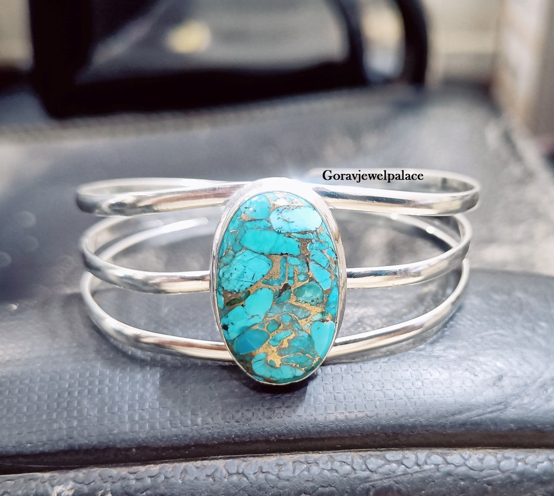 Oval Copper Turquoise 925 Silver Bangle: Adjustable Cuff - Etsy
