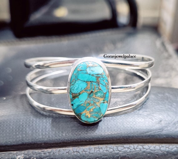 Oval Copper Turquoise 925 Silver Bangle: Adjustable Cuff - Etsy