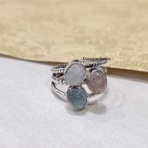 Moonstone & Aquamarine Ring, 925 Sterling Silver Ring, Three Band Handmade Ring, Oval Gemstone Ring, Women Jewelry, Rose quartz ring image 6