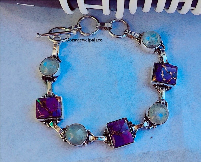 Paars koper Turquoise & Moonstone armband, 925 zilveren armband, damesarmband, nieuwste armband, designer armband, handgemaakte cadeauarmband afbeelding 3