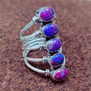 Handmade 925 Silver Five Stone Purple Turquoise Ring: Boho Band
